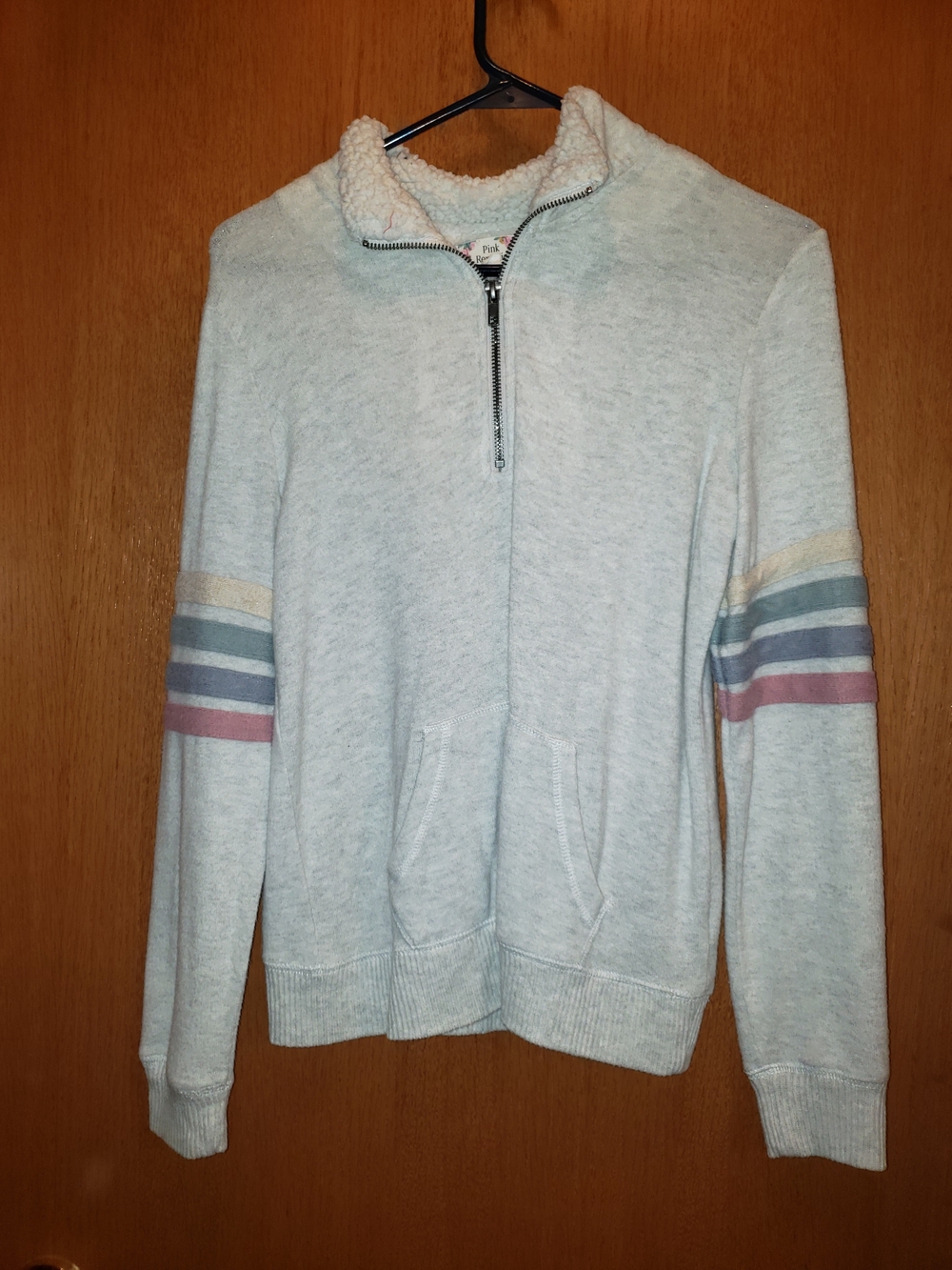 Pink Republic Light Gray Quarter-Zip Sweater with Multicolor Sleeve Stripes